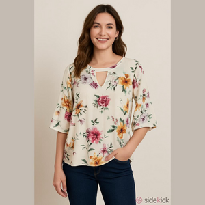 Urban Romantics Blouse Top Bell Sleeve Cropped Floral Key Hole Women Size M